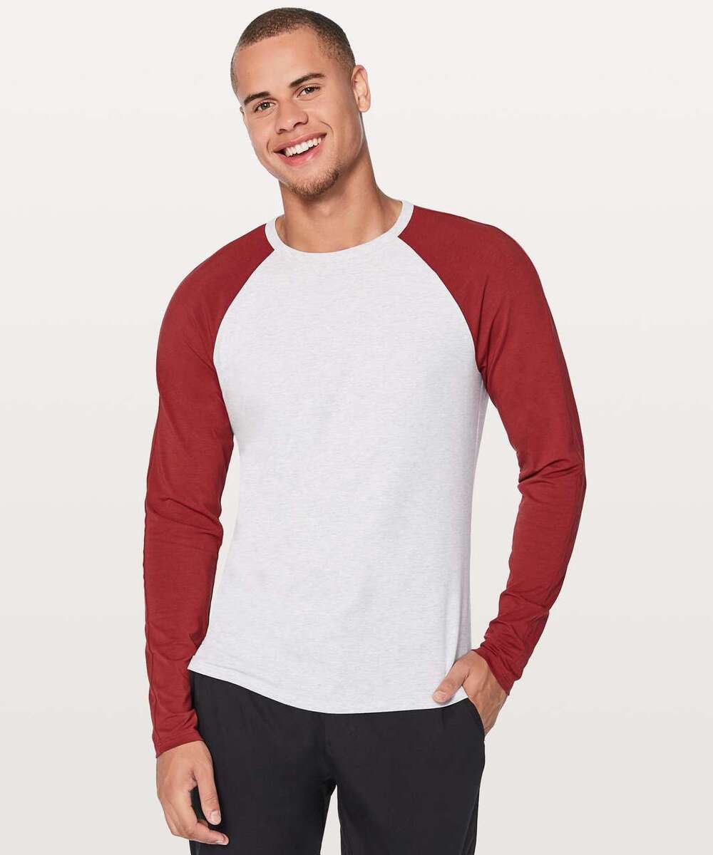 Lululemon Mens Tee Shirt Bodhi Long Sleeve Grey Oxblood Red Size Large Cotton
